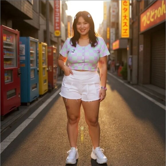 Hello Kitty Pastel Checkered Crop Top in Green & Lavender by NGOrder – Kawaii 2X - Picture 2 of 2